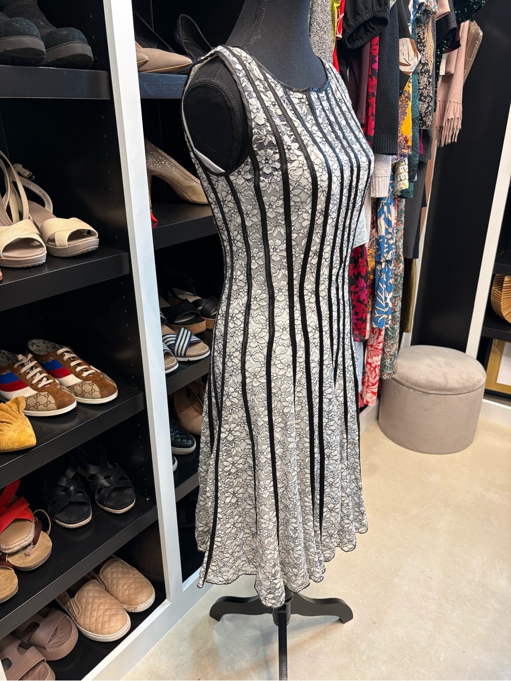 SLNY Black and White Sleeveless Striped Lace Midi Dress - Picture 3 of 11